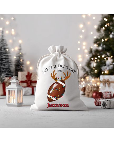 Discover Personalized Football Christmas Drawstring Bag, Custom Name Gift for Football Fan, Festive Santa Hat Lights Canvas Sack, Holiday Gift Wrap
