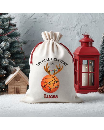 Discover Personalized Sports Lover Christmas Gift Bag, Drawstring Canvas Bag with Name, Festive Antler Lights Design Sports Fan, Present Gift Wrap