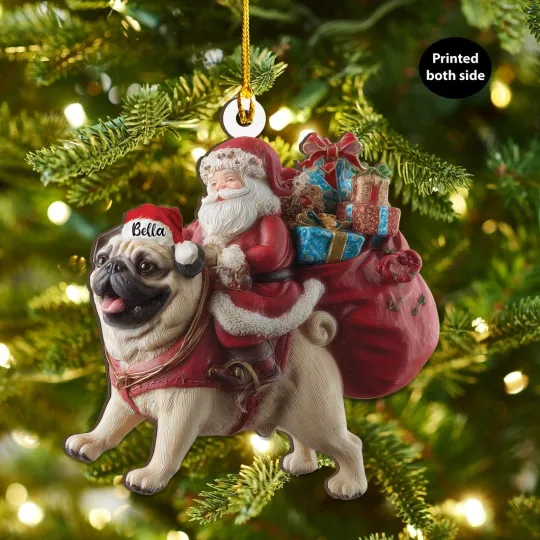Discover Personalized Pug Dog and Santa Christmas Wood Ornament