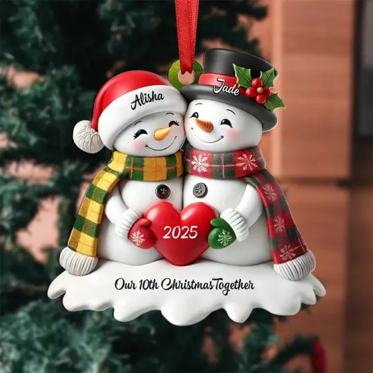 Personalized Heart Snowman Couple Christmas Tree Ornament