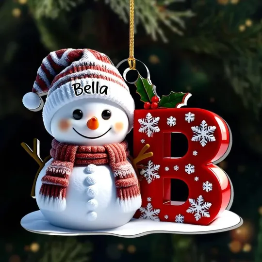 Personalized Snowman Letter Ornament, Custom Christmas Initial Ornament