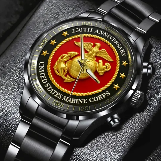 US Marine Corps 250th Anniversary 2025 Black Stainless Steel Calendar Watch