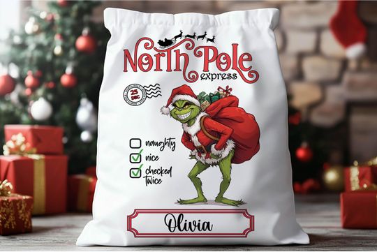 Discover funny character Santa Sack Sublimation Design, North Pole Express Christmas Bag, Personalized Xmas Gift Bag PNG, Funny Holiday Santa Sack Printable