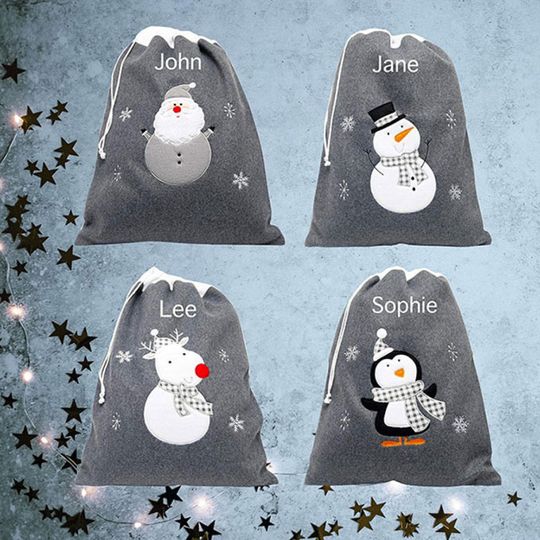 Discover Personalized Embroidered Christmas Sack: Plush Santa, Snowman, or Reindeer