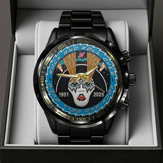 Discover KISS x Ace Frehley Black Stainless Steel Calendar Watch 1951-2025