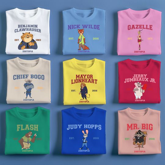 Discover Zootopia Varsity Shirt | Birthday Gift for Zootopia Fan, Disneyland Shirts Disney World Shirt | Nick Wilde, Judy Hopps, Gazelle, Flash, Yax