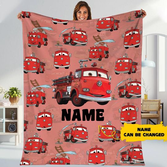 Discover Disneyland Red The Fire Truck Cars Movie Fleece Blanket | Personalized Red Fire Truck Blanket For Bed Couch Sofa | Birthday Gift For Him