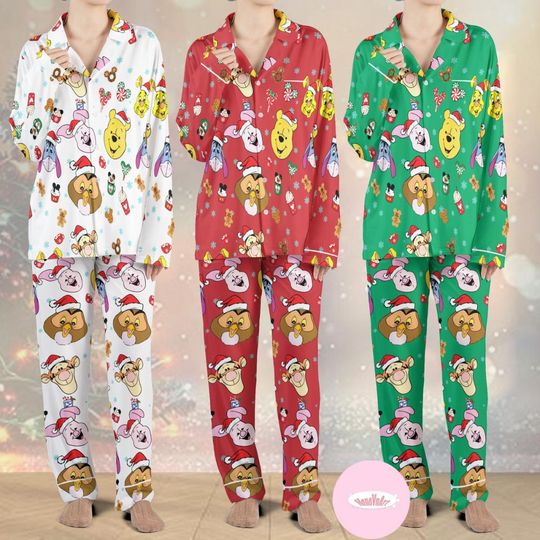 Discover Winnie The Pooh Santa Hat Disney Christmas Pajamas Set, Pooh Bear Family Christmas Pajamas Kids Youth Adult, Birthday Pajamas Gifts for Kids