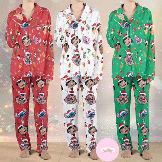 Discover Lilo & Stitch Santa Hat Disney Christmas Pajamas Set, Stitch Family Christmas Pajamas Kids Youth Adult, Xmas Birthday Pajamas Gifts for Kids