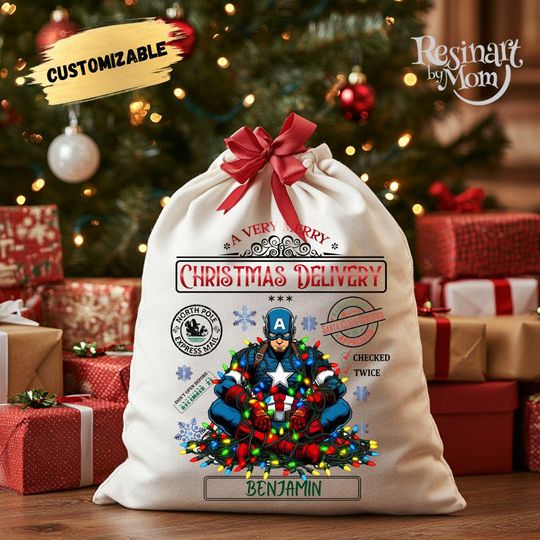 Personalized Captain America Santa Sack | Custom Christmas Gift Bag | Superhero Holiday Present Sack