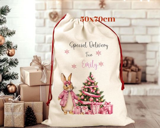 Discover Personalized Linen Santa Sack: Large 50x70cm Pink Rabbit Design Christmas Stocking