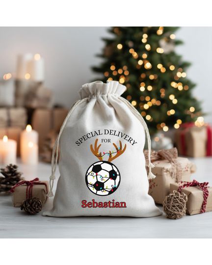 Discover Custom Holiday Soccer Drawstring Bag, Personalized Canvas Christmas Gift Wrap for Player or Team, Festive Santa Hat & Lights Design
