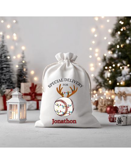 Discover Personalized Baseball Christmas Gift Bag, Drawstring Canvas Bag with Name, Festive Santa Hat Lights Design for Baseball Fan, Present Wrap