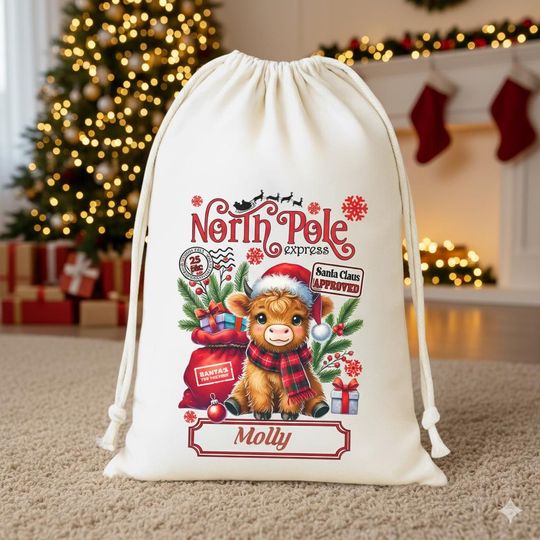 Discover Personalised Highland Cow Christmas Sack: Natural Cotton Gift Bag