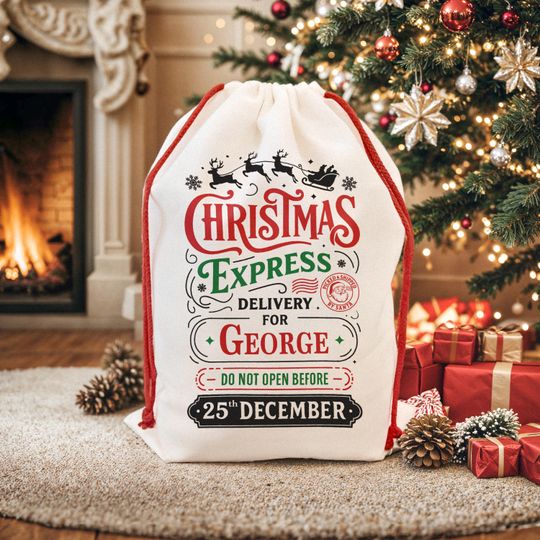 Discover Premium Thick Canvas Santa Sack | Custom Personalised Christmas Present Gift Bag for Him Her Kids Adults | Add Name Xmas Stocking