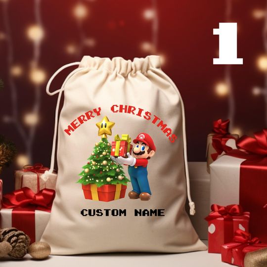 Personalized Nintendo Super Mario Brothers Santa Sacks: Custom Christmas Kids Gift Bags