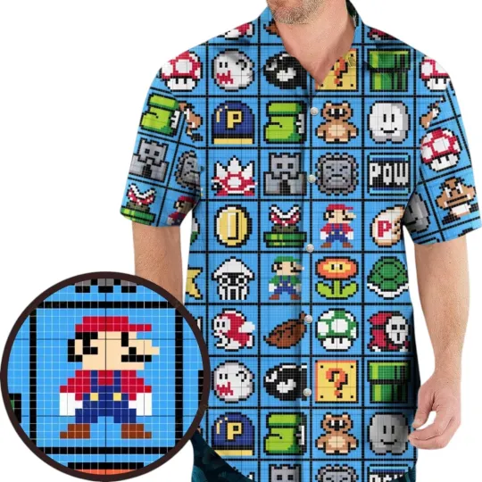 Discover Mario Pixel Super Mario Pattern Hawaiian Shirt Vintage Hawaiian Shirt for Men
