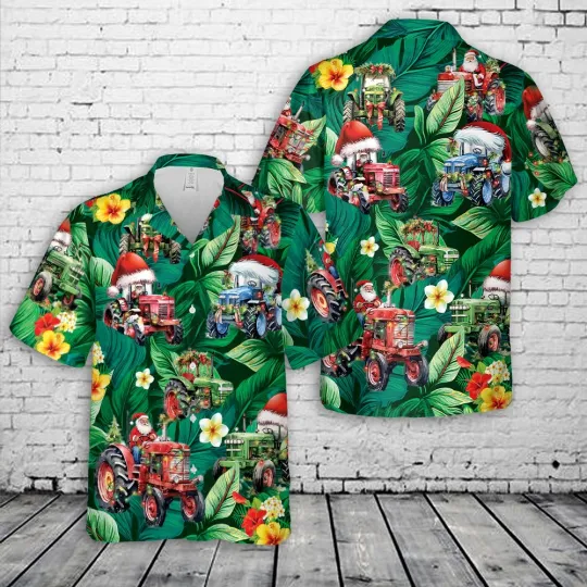 Discover Tractor Christmas Tropical Leaves Hawaiian Shirt