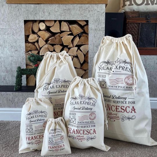 Personalised Santa Sack  Francesca Design (North Pole Post Style)  100% Cotton Christmas Gift Bag with Name  Reusable Drawstring Sack