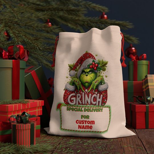 personalised christmas sack,christmas stocking,santa bags personalized,christmas bag,Grin,funny character christmas,whoville,merry Grin