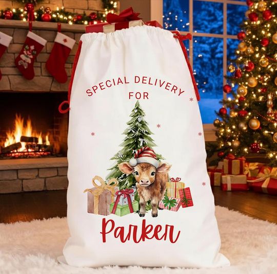 Discover Personalized Highland Cow Santa Sack for Kids Custom Highland Cow Christmas Santa Bag Special Delivery Christmas Eve Bag Christmas Stocking
