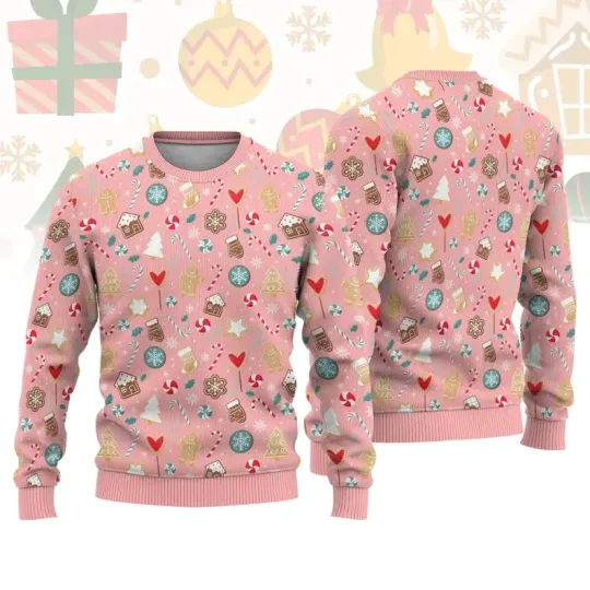 Discover Pink Gingerbread Candy Cane Ugly Christmas Sweater Jumper Holiday Party Top