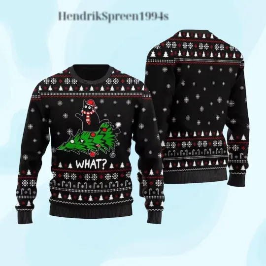 Black Cat Knocking Over Christmas Tree What? Ugly Sweater Jumper Funny Gift