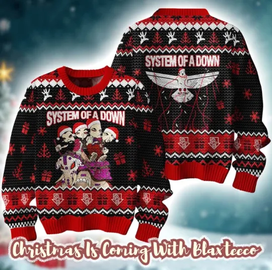 Discover SYSTEM OF DOWN Band Members Santa Riding Elephant Knitted 2025 Christmas Ugly