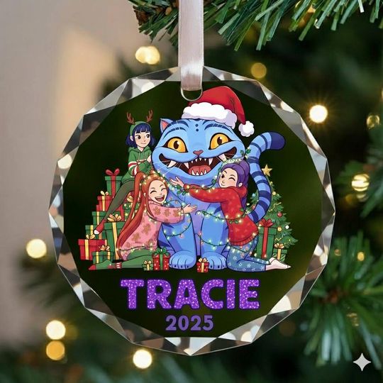 Custom Huntrix Derpy Tiger Demon Hunter Ornament, Personalized Name KPOP Glass Ornament