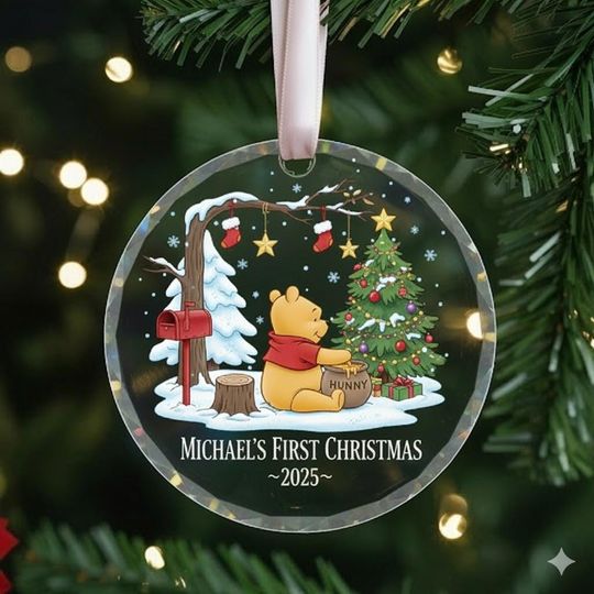 Discover Winnie the Pooh Babys First Christmas Ornament 2025, Disney Glass Ornament, Personalized Keepsake Gift for Baby, Newborn Holiday Decoration