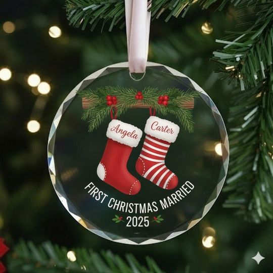 First Christmas Married Ornament 2025, Personalized Glass Ornament with Names