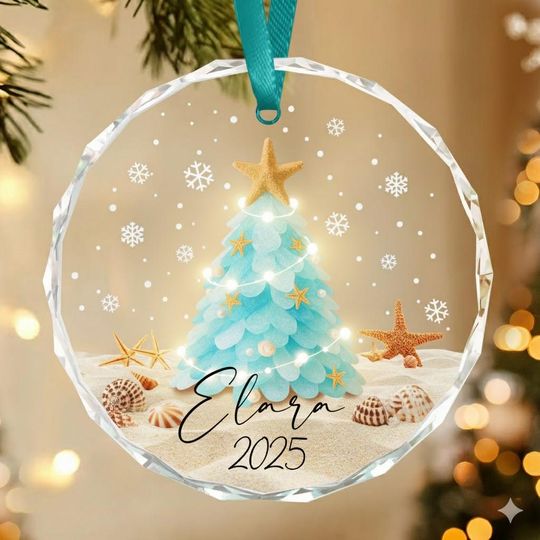 Personalized Sea Glass Christmas Tree Glass Ornament, Coastal Tree Ornament