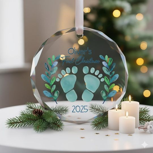 Babys First Christmas Glass Ornament, Personalized Sea Glass Keepsake, Newborn Footprint Ornament
