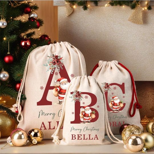 Discover Personalised Santa Sack,Christmas Sack,Personalised Christmas Toy Sack with Name & Initial,Christmas Gift Bag,Xmas Gift Sack for Children