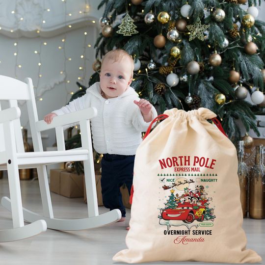 Personalized North Pole Express Mail Christmas Gift Bag, Santa Delivery Sack with Hot Wheels Character, Christmas Holiday Favor Bag for Kids