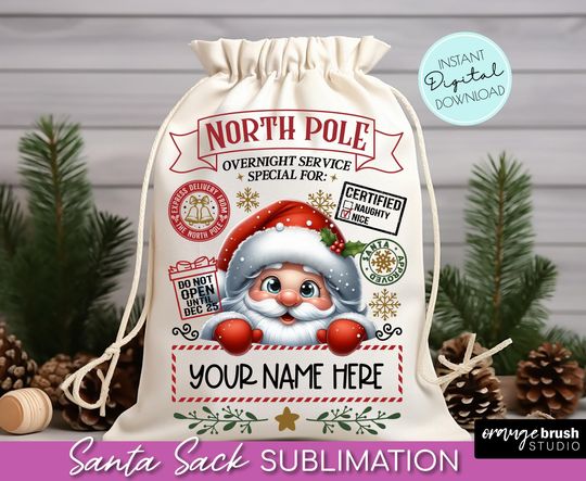 Discover Christmas Santa Sack Sublimation PNG, Cute Santa Gift Bag Design, North Pole Delivery, Kids Christmas Bag Template - Instant Download