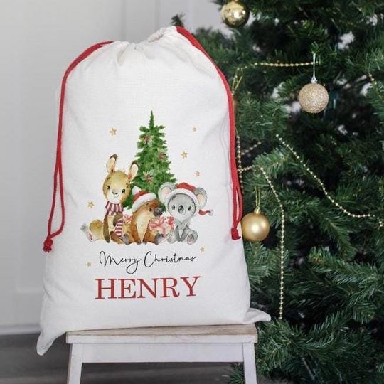 Discover Personalised Santa sack, Santa Sack, Christmas Keepsake, Aussie Animals, Christmas bag, Drawstring Bag, Traditional Sack, Christmas Gift