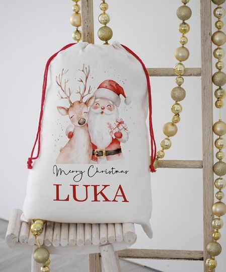 Discover Personalised Santa sack, Santa & Reindeer, Christmas Keepsake, Christmas decor, Drawstring Bag, Traditional Sack, Christmas Gift