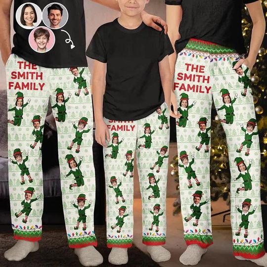 Custom Funny Elf Face Pajama Pants, Family Silly Pajama Pants, Matching Christmas Pants, Pajama Pants For Adult Kid