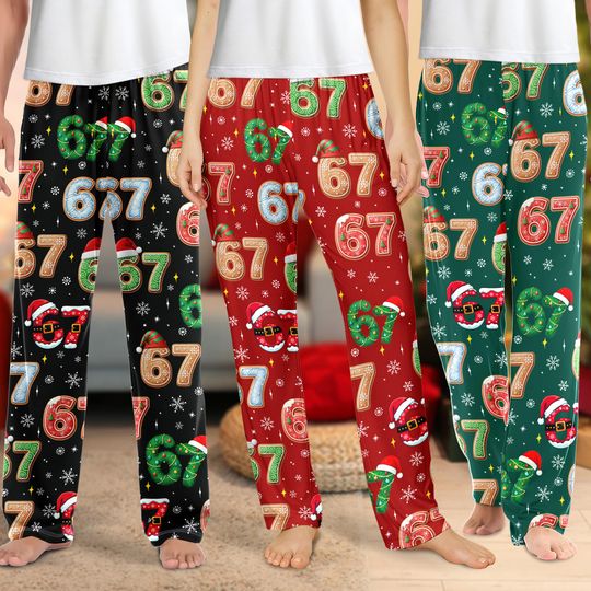 Six Seven Meme Christmas Contrast Pajamas Pants For Women Men, 67 Pajamas Pants PJs, Viral Number Sleepwear,Matching Xmas Loungewear