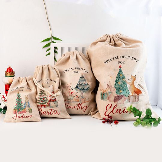 Discover Personalized Santa Claus Bag, Custom Christmas Tree Gift Bags with Name, Bag for Presents, Christmas Eve Sack Filler for Kids,Christmas Gift
