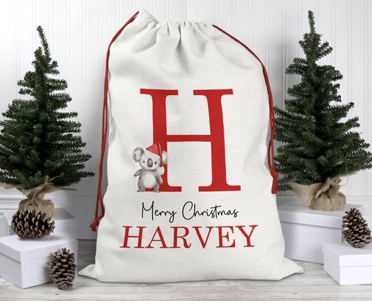 Discover Personalised Santa sack, Linen Santa Sack, Christmas Keepsake, Christmas bag, Koala Alphabet, Christmas Stocking, Christmas Gift