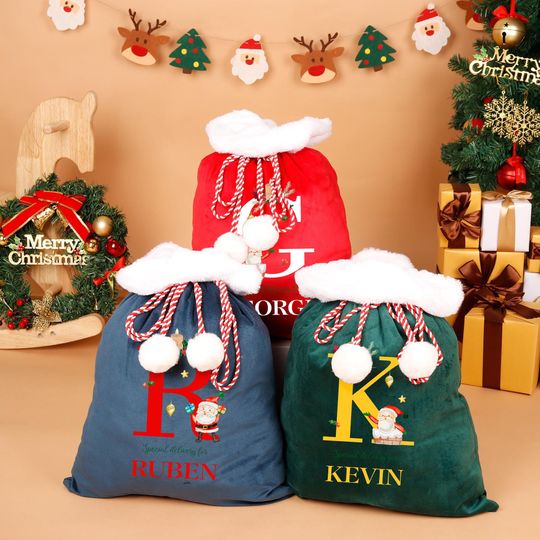 Discover Custom Santa Sack with Name,Personalised Christmas Velvet Santa Sack,Christmas Gift Bag for Kids and Adults and pet, Christmas Gift Bag,Xmas