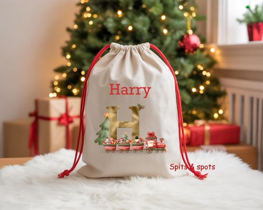 Discover Personalised Train Initial Christmas Sack, Christmas Hanging, Baby's First Christmas