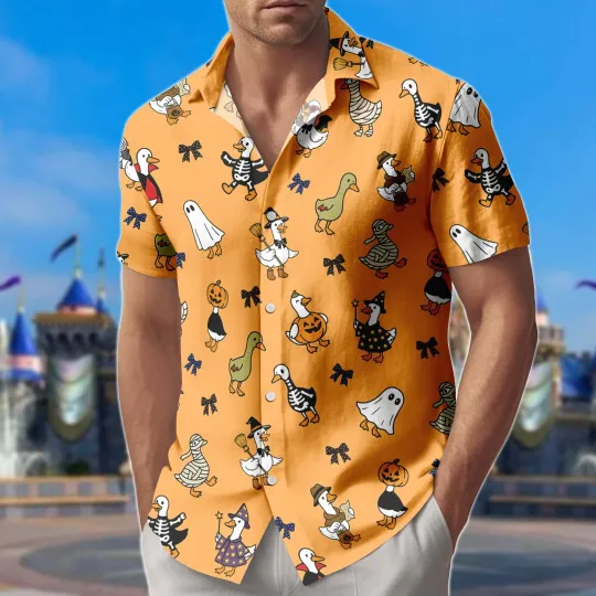 Discover Halloween Duck Button Shirt, Cute Goose Skeleton Pumpkin Ghost Hawaiian Shirt