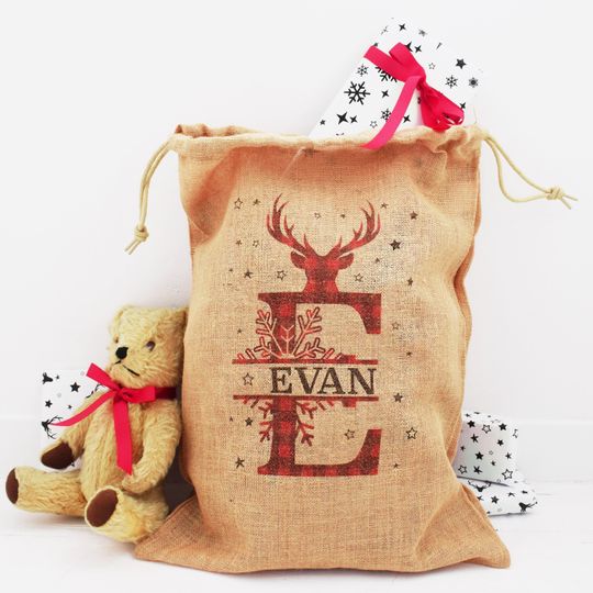Discover Personalised Tartan Initial Jute Christmas Sack, Monogrammed Santa Sack
