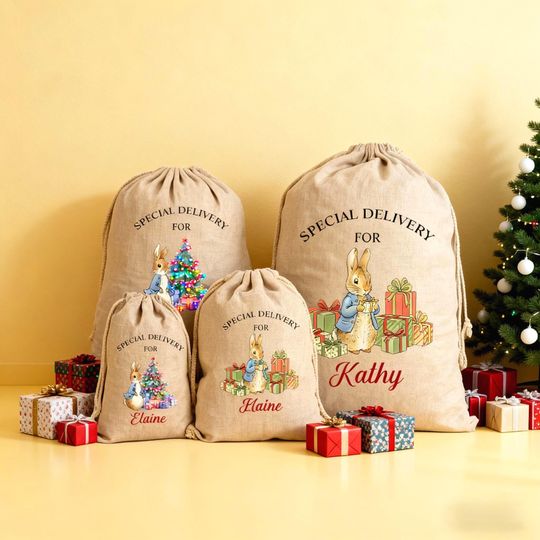 Discover Personalised Christmas Sack with Name, Baby First Christmas Gift Sacks, Kids Xmas Peter Rabbit Bag, Special Delivery Sack, Xmas Stocking