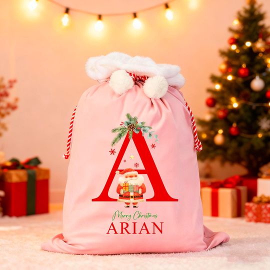 Discover Christmas Children Toy Sack, Velvet Family Christmas Gift Bag, Christmas Eve Santa Sack with Name, Holiday Large Xmas Stocking Sack