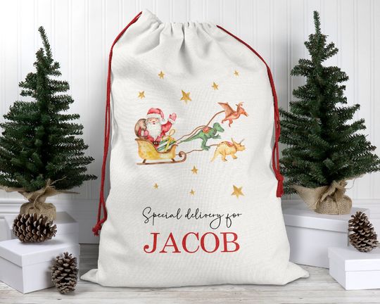 Discover Personalised Dinosaur Christmas sack, 50x70 Santa sack, Christmas Keepsake, Christmas decor, Christmas bag, Linen Drawstring Bag