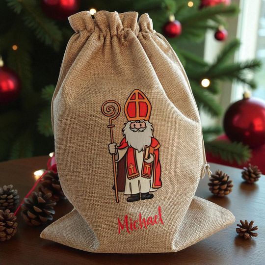Discover Personalized Santa sack with name | 25 x 35 cm linen fabric bag | Choice of colors | DTF printing | Christmas gift bag | Santa sack